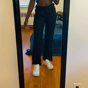 H&M High Waisted Black Trousers Lettuce Trim Pants with Side Slit